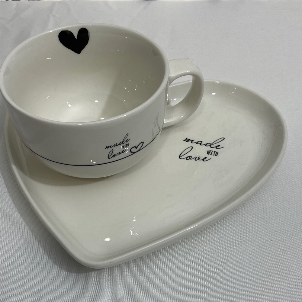 Heart-Shaped White Mug and Saucer Set